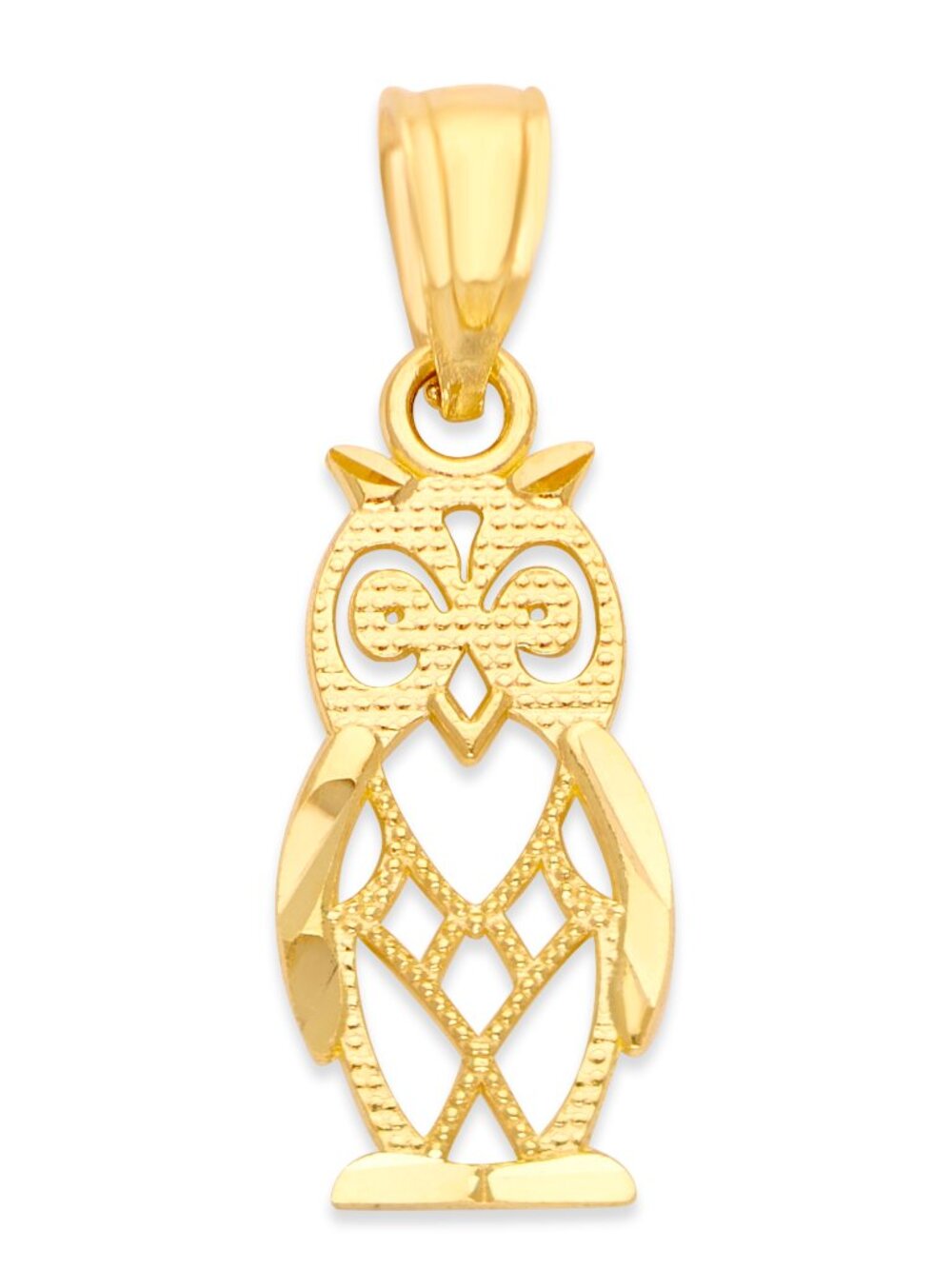 Solid 10k Gold Owl Pendant - Diamond Cut Symbolic Animal Jewelry